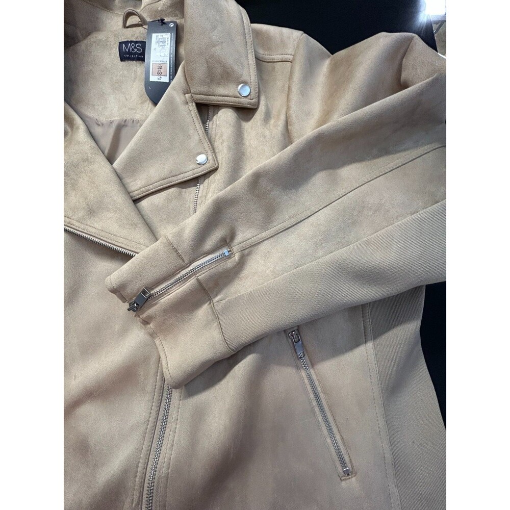 M&S Curve Womens Plus Size 28W Stone Faux Suede Moto Jacket New UK 32 NWT Marks